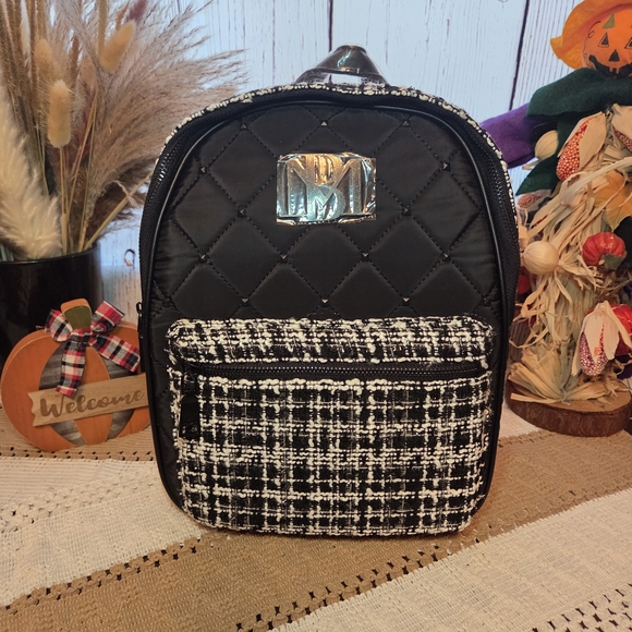 Badgley Mischka Black Quilted Backpack with Tweed Pocket - Picture 1 of 9